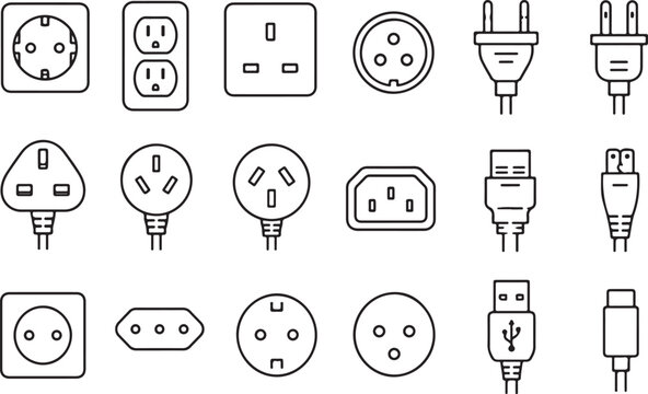 Set of international electrical power plugs and wall socket outlet icons Vector