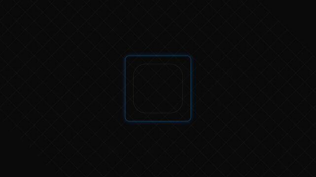 Abstract geometric blue neon square frame glowing on a dark black background