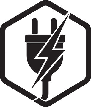 Black electrical plug icon with lightning bolt inside a hexagon frame Vector