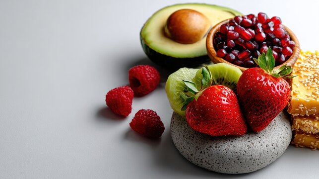 Fresh Fruits and Healthy Snacks: A vibrant arrangement of fresh berries, sliced avocado, and pomegranate seeds sits alongside delicious healthy energy bars.