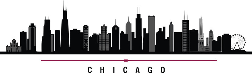 Obraz premium Chicago Skyline Silhouette Vector with Iconic Landmarks for Architecture, Tourism, Branding, and City Design Projects