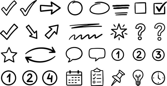 Drawn doodle check marks circles arrows and symbols for bullet points and planners