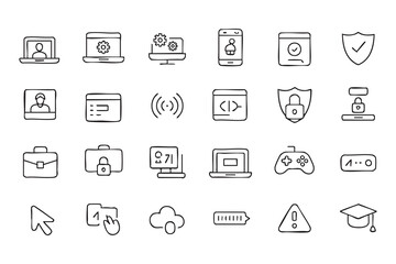 Fototapeta premium Cybersecurity Line Icons with Digital Devices, Password Protection and Online Privacy