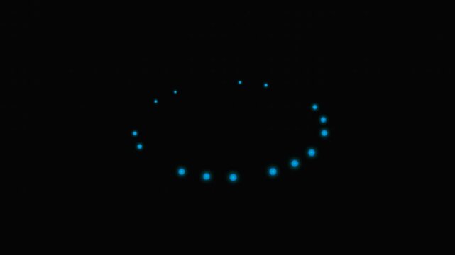A series of glowing blue dots arranged in an oval pattern on black background