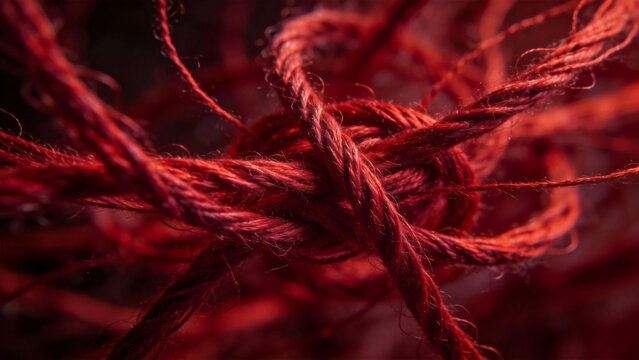 Close-up of tangled red yarn threads
