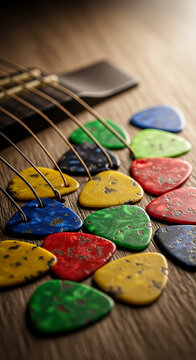Assorted colorful guitar pick buttons on strings