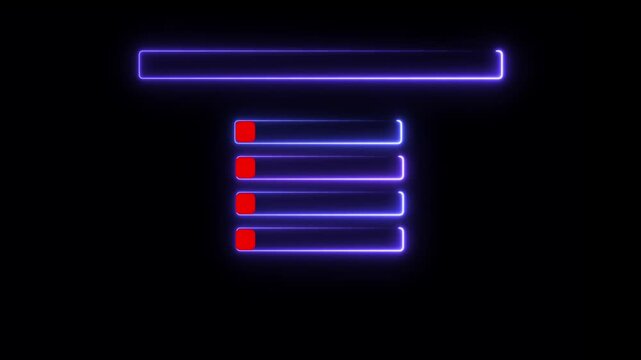 Loading bars in a purple neon style appear vertically aligned on a deep black background, representing progress indicators for software installations or data transfer processes in a digital interface.