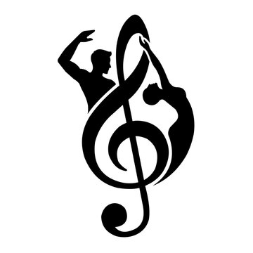 Black silhouette of dancing couple forming a treble clef musical note music dance. Resizable and editable, EPS 10.