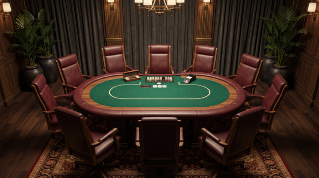 Elegant poker table surrounded by premium leather chairs in a luxurious casino style interior representing poker, card game, strategic competition, exclusive gaming room, entertainment and luxury