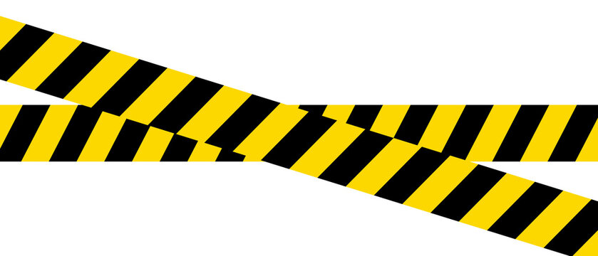Two crossing yellow and black caution hazard warning strips for security and construction site safety zones isolated on transparent background with characterized bold diagonal PNG