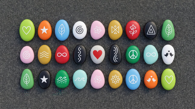 Collection of vibrant hand painted Easter eggs featuring hearts, flowers, peace signs and spring inspired icons representing Easter celebration, holiday tradition, festive decoration and creativity