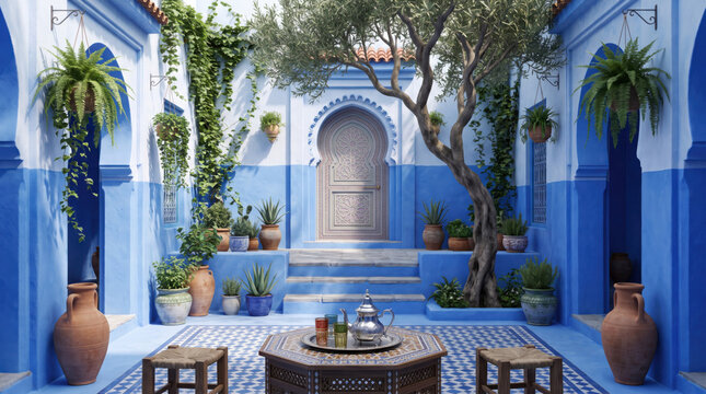 Elegant architecture showcasing a luxurious blue courtyard with traditional arched doorways, decorative tile flooring, lush greenery, refined outdoor living, timeless design and cultural heritage