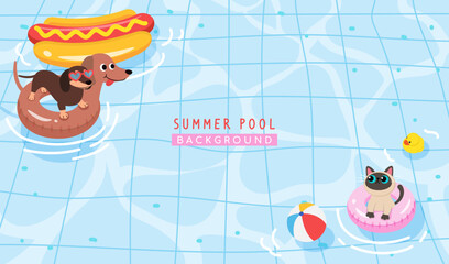 Summer Pool Party background vector illustration. Top view of swimming pool with cute pool floats and pets. © Farosofa