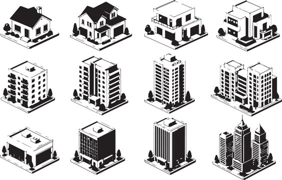 Set of various isometric buildings houses and modern city skyscrapers Vector