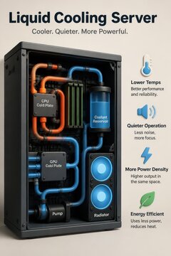 Liquid Cooling Server Cutaway With CPU GPU Cold Plates and Thermal Performance Concept