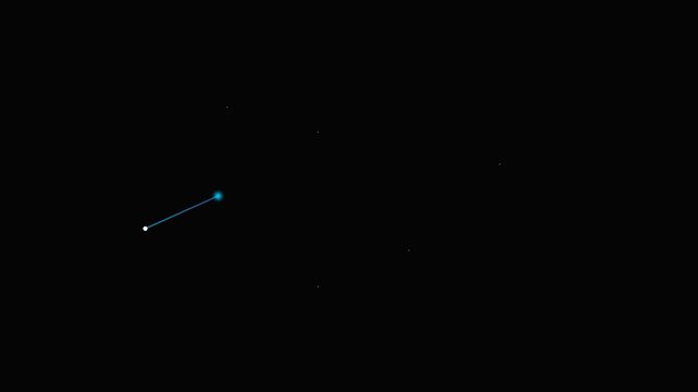 A glowing blue sphere connected to a white dot by a thin line in darkness