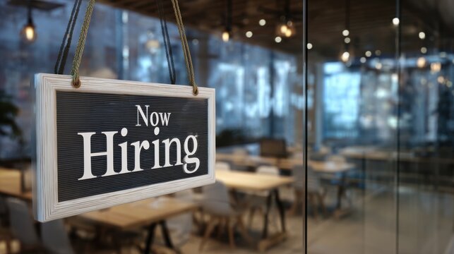 Now hiring text on dark letter board hanging in cozy restaurant or cafe glass windowpane.