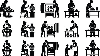 Obraz premium Pottery and Ceramics Workshop Icon Set Featuring Artisans Making Clay Pots, Painting Vases, and Using a Kiln