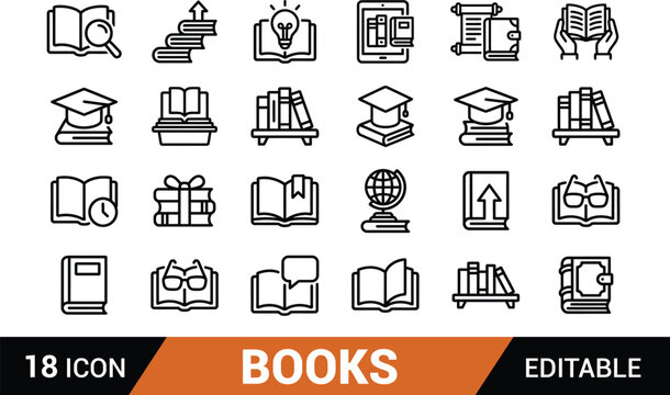 Set of black line icons about books and education for school library or learning concepts isolated on transparent background, Vector