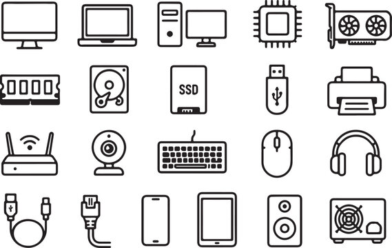 Set of computer hardware and digital technology electronic line icons Vector