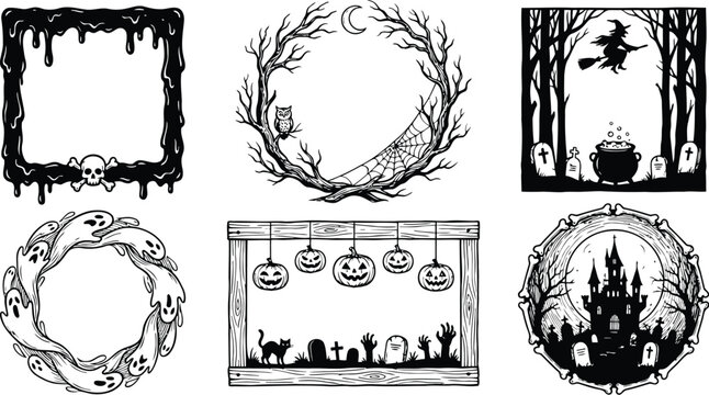 Decorative halloween frames and borders with spooky motifs for graphic design