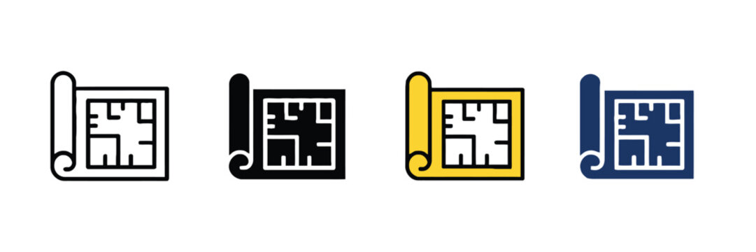 Blueprint and floor plan icons featuring architectural house layout symbols with clean minimalist vector graphics for construction, engineering, interior design, renovation, drafting, and real estate 