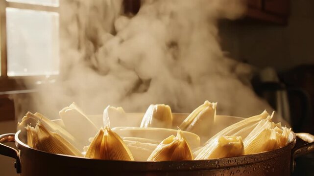 Steam Rising From a Large Copper Pot of Tamales in Volumetric Window Light