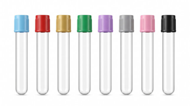 Ultra photorealistic set of eight empty laboratory blood collection tubes with industry standard colored caps for pathology diagnostics biotechnology healthcare and laboratory equipment marketing