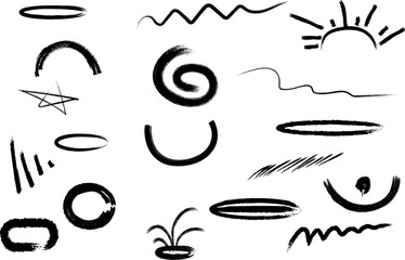 Fototapeta premium Hand drawn abstract shapes. Black ink brush strokes and swirls on white background.