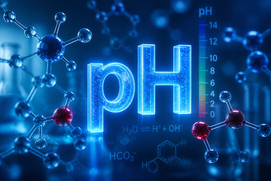 A digital graphic illustrating the concept of pH with chemical structures and a color scale.