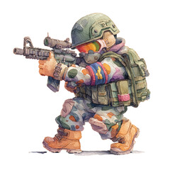 Fototapeta premium Soldier wearing camouflage gear aiming rifle.