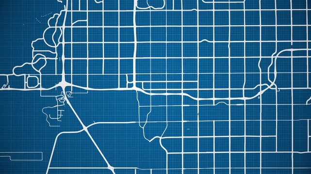 Ink reveal animation of Chandler city, Arizona (AZ), United States of America, grid map. Aerial top view. Blueprint style. White lines with blue background. 4K Seamless loop.