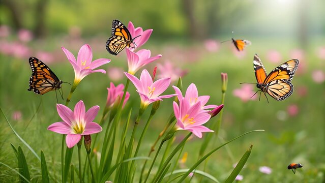 Monarch butterflies pollinating pink flowers in spring garden. Vibrant orange and black insects feeding on blooming cosmos blossoms in natural sunl...