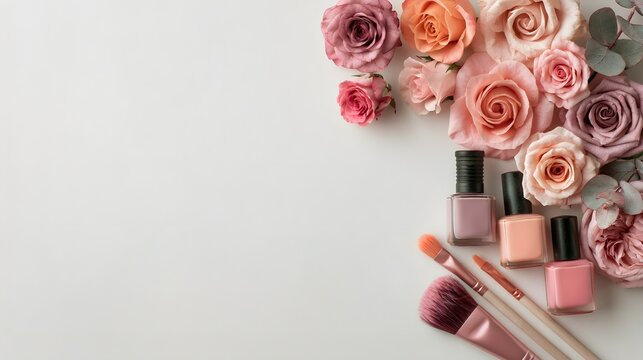 Beauty flatlay with nail polish makeup brushes and roses on white