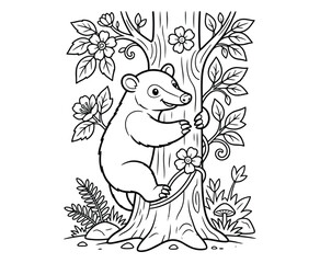 Bear cub climbing tree trunk with leaves and flowers. © ArifulIslam