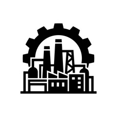 Fototapeta premium Industrial factory icon. Manufacturing plant with machinery and smokestacks. Engineering and industrial process symbol.