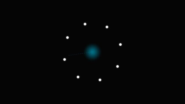 Minimalist atomic structure with a glowing central nucleus and orbiting dots