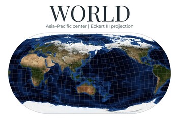 World map in Eckert III projection. Asia-Pacific centered at 10degN 140degE. High-detail physical map of Earth. April View. Elements of this image furnished by NASA. © Eugene Ga