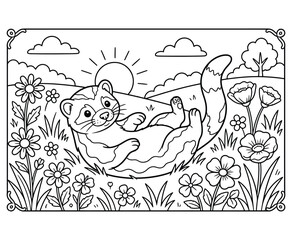 Fototapeta premium Playful ferret coloring page lying on back in field of flowers under bright morning sun.