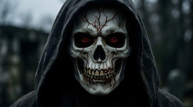 Closeup portrait of a terrifying skull figure wearing a dark hooded cloak in a dark forest setting