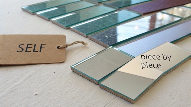 Self Reflection Through Mirror Pieces on Wooden Surface with Tag Labeling Self and Quotes for Personal Growth