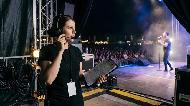 Female stage manager coordinating live concert performance backstage