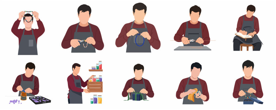 Jewelry maker character set, male artisan creating handmade bead bracelets and necklaces in flat illustration style