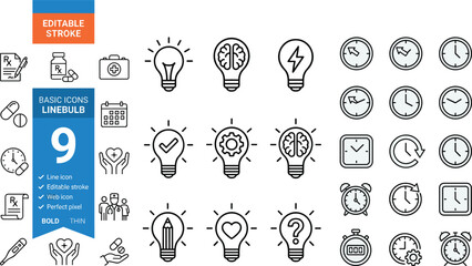 Fototapeta premium Line Icons Set – Editable Stroke Bulb, Clock, Medical & Idea Icons Collection