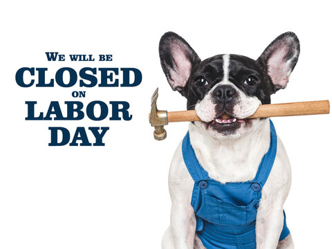 We will be closed on Labor Day. Sign featuring a cute French bulldog in blue overalls. Symbolizes Labor Day, hard work, and blue-collar jobs. Ideal for social media, marketing, and lifestyle content