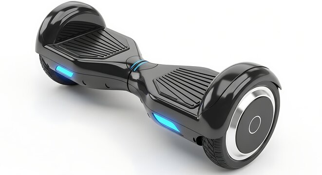 Electric hoverboard with LED lights isolated on white. Self-balancing scooter for urban commuting and modern transportation