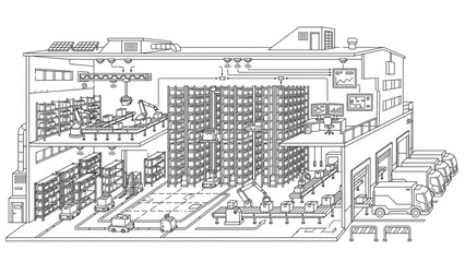 Obraz premium Elevation View Smart Warehouse Logistics Vector, Futuristic Robot Automation, Inventory Packing Shipping Tracking Workflow Clean Outline CAD Illustration