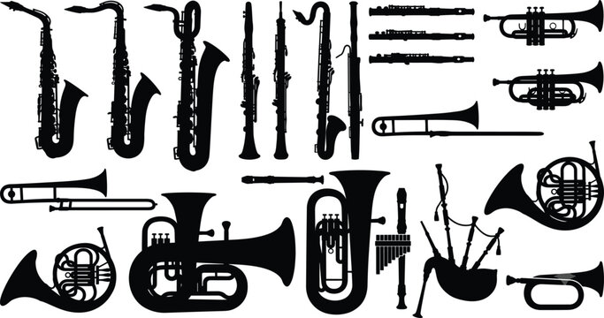 Musical Instrument Silhouette Vector Collection with Brass Woodwind and Orchestral Band Instruments