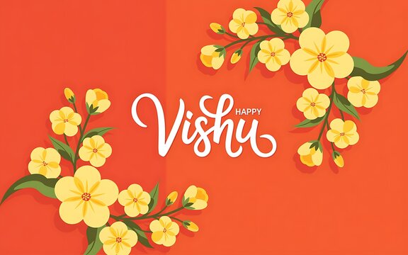 Happy vishu greeting card design with traditional yellow kanikonna flowers