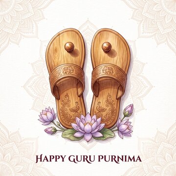 a pair of traditional Indian wooden padukas centered on a soft white background and type that reads "HAPPY GURU PURNIMA" in deep maroon